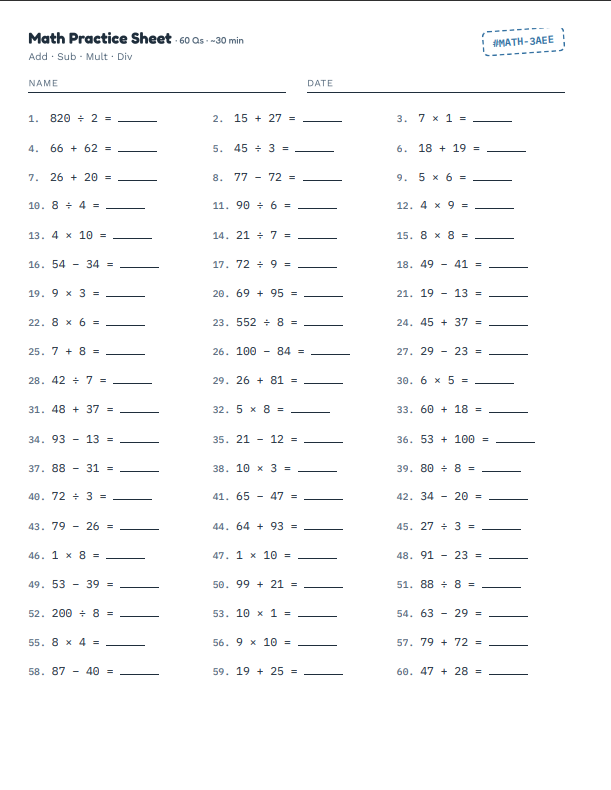 Grade 2 math worksheet with addition and subtraction problems within 20, showing clean layout with space for student name and date