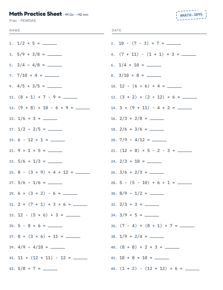 Grade 3 math worksheet with addition and subtraction problems within 20, showing clean layout with space for student name and date