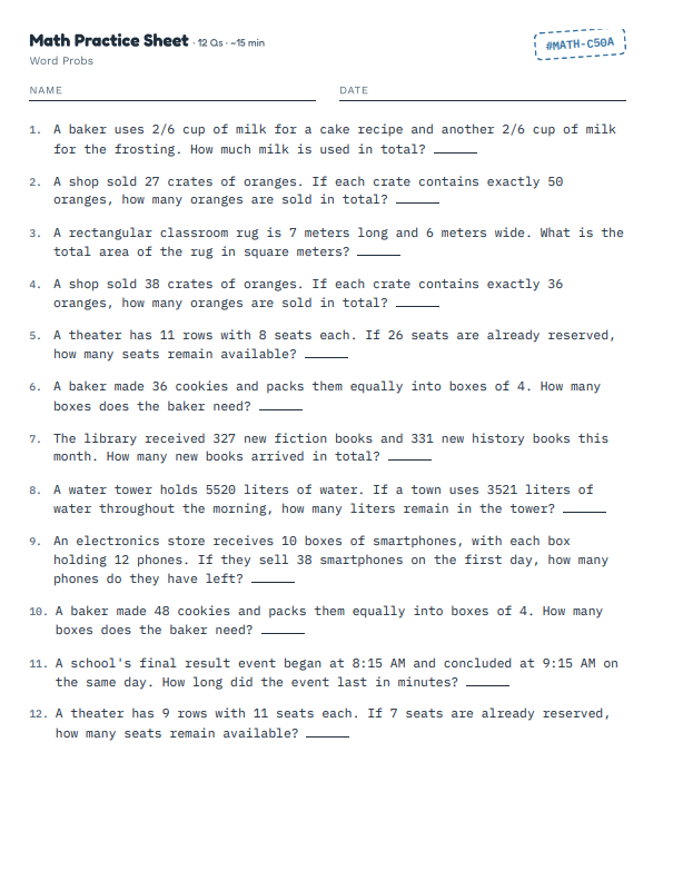 Grade 4 math worksheet with simple word problems using familiar objects like apples and stickers