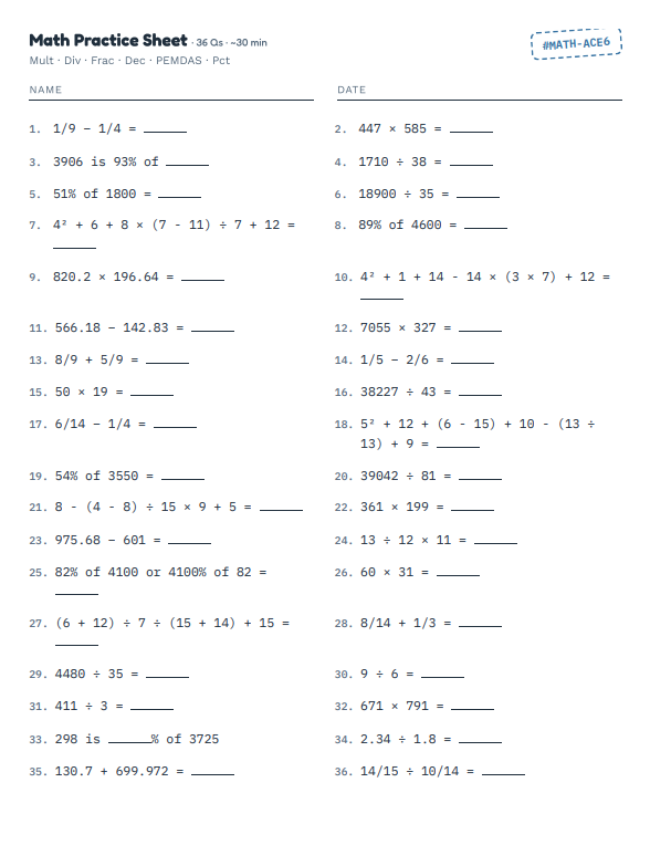 Grade 7 math worksheet with addition and subtraction problems within 20, showing clean layout with space for student name and date
