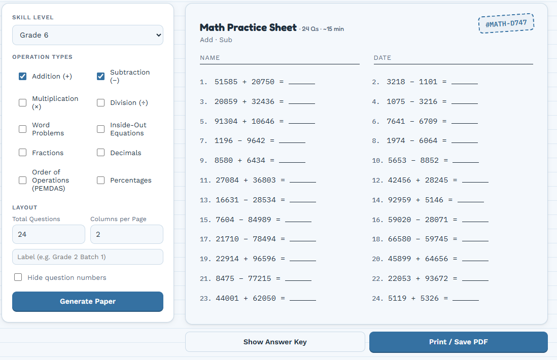 Screenshot of a generated math worksheet preview with problems arranged in columns and a paper ID stamp