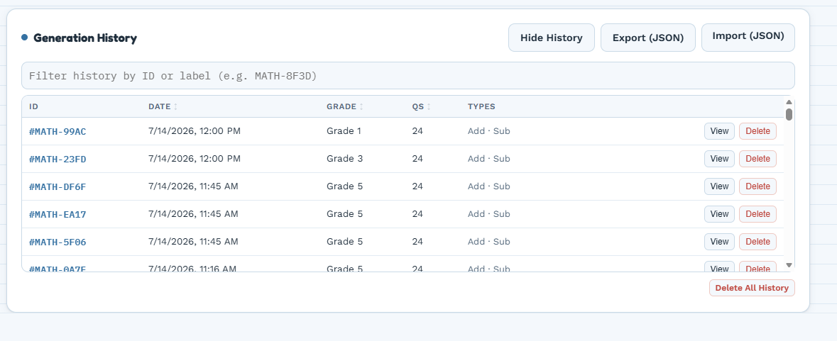 Screenshot of the worksheet history panel showing past generated papers with IDs, dates, and grade levels